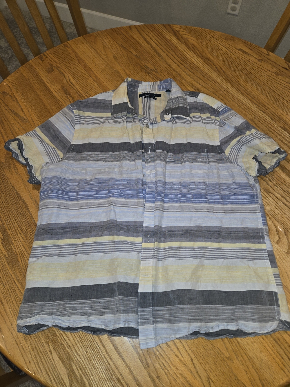 Perry Ellis Men's Short-Sleeve Striped Button-Down in Blue, Gray and Cream XL